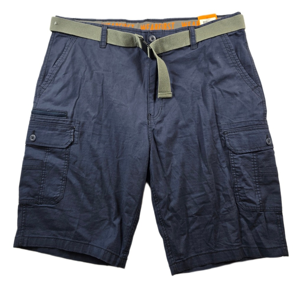 WearFirst Cargo Shorts Mens 42 Navy Blue Cotton Stretch Ripstop Belted NEW